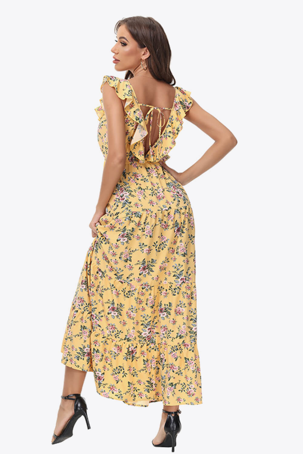 Floral Ruffle Shoulder Tied Maxi Dress