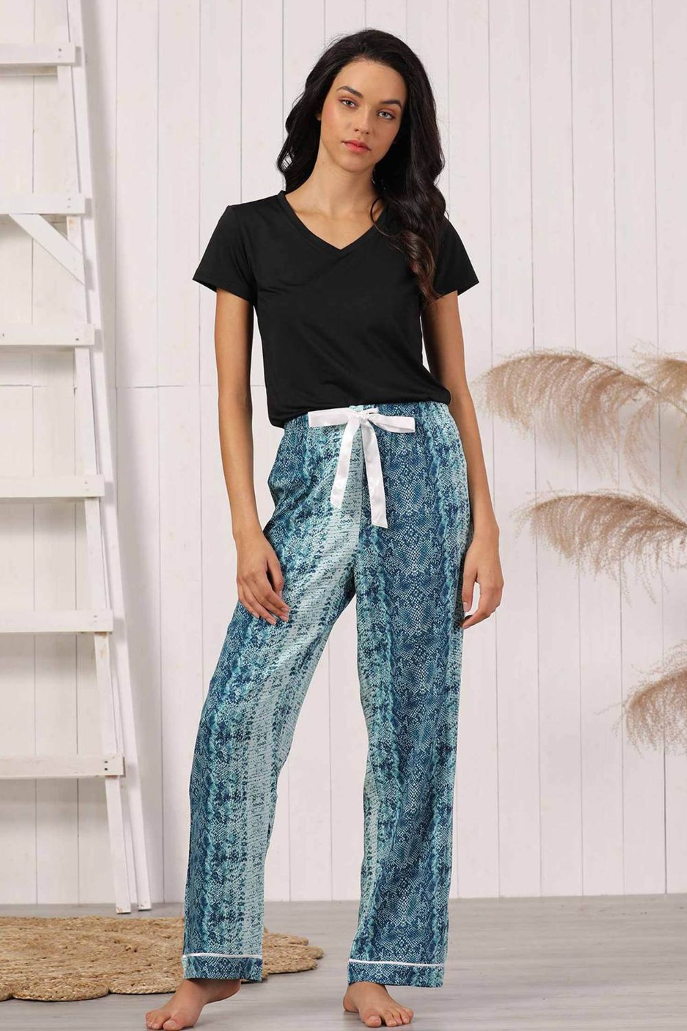 V-Neck Tee and Printed Pants Lounge Set