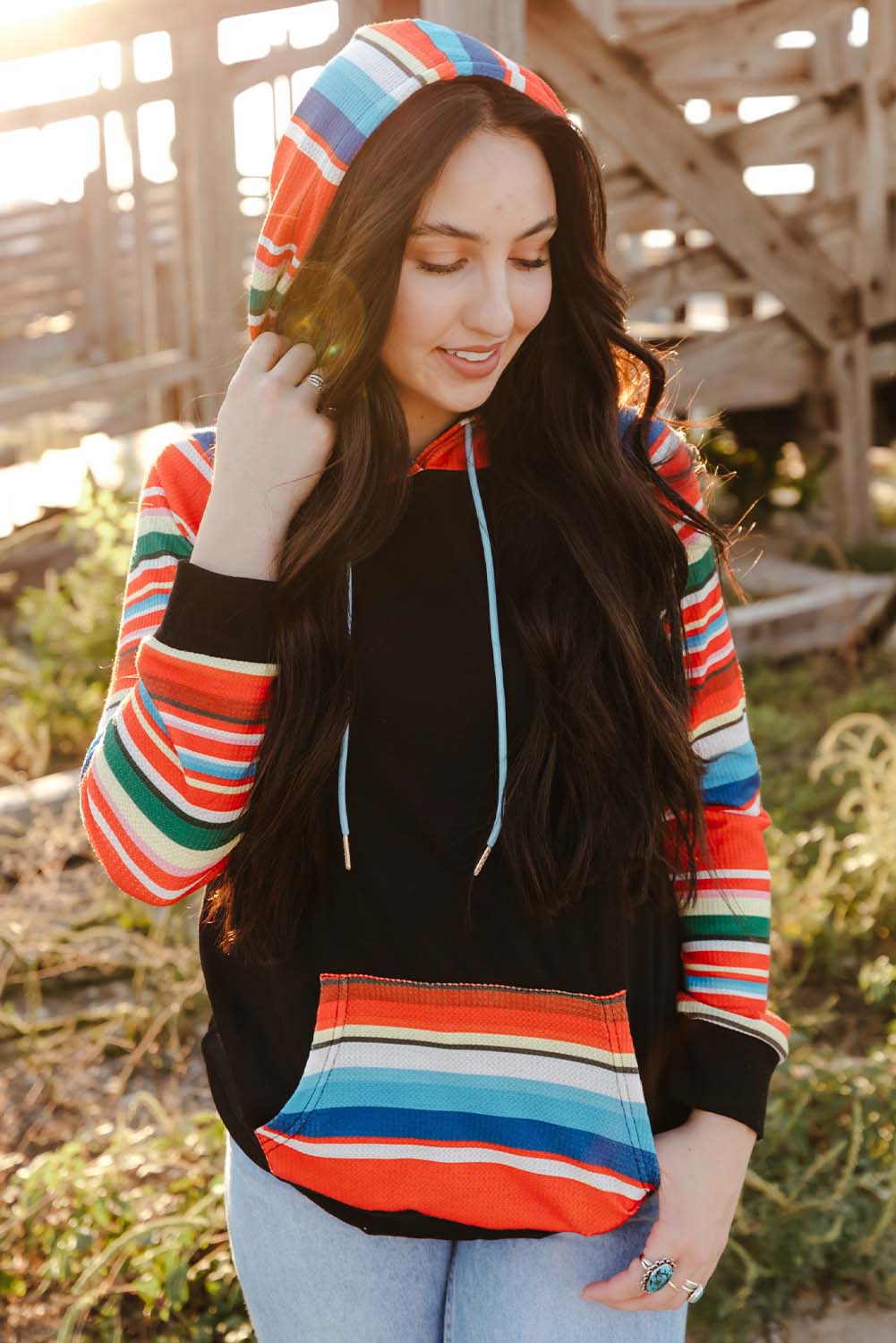 Multicolored Stripe Drawstring Raglan Sleeve Hoodie