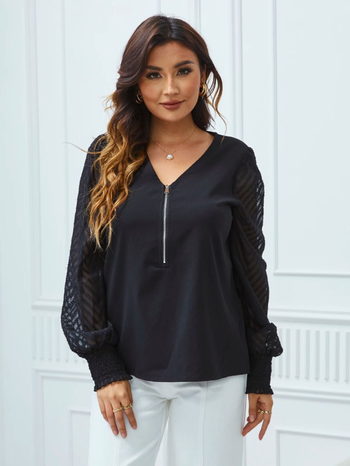 Half-Zip Smocked Balloon Sleeve Blouse