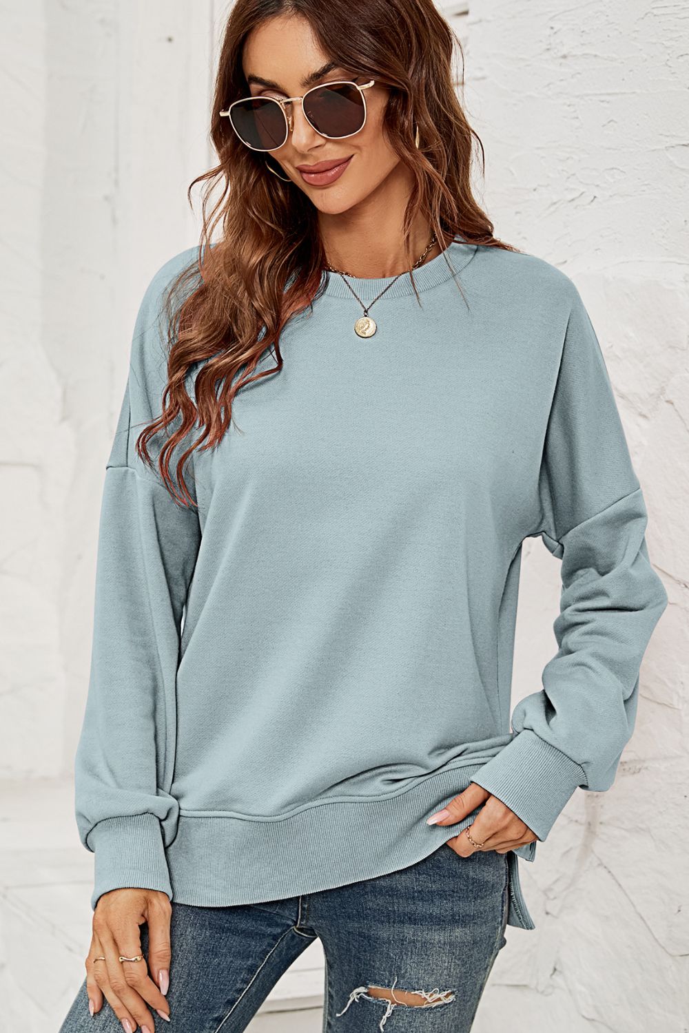 Round Neck Dropped Shoulder Slit Sweatshirt