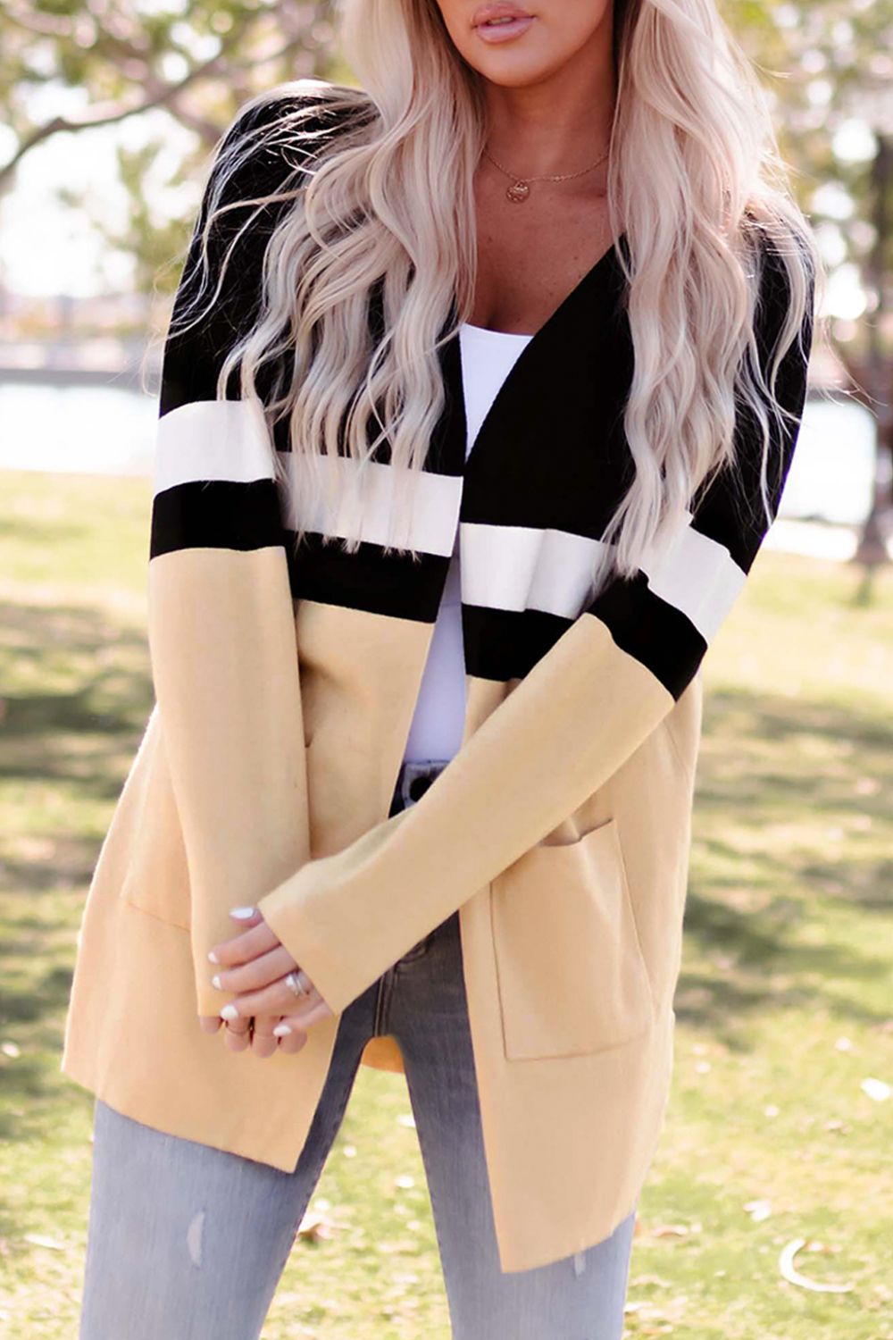 Color Block Open Front Pocketed Longline Cardigan