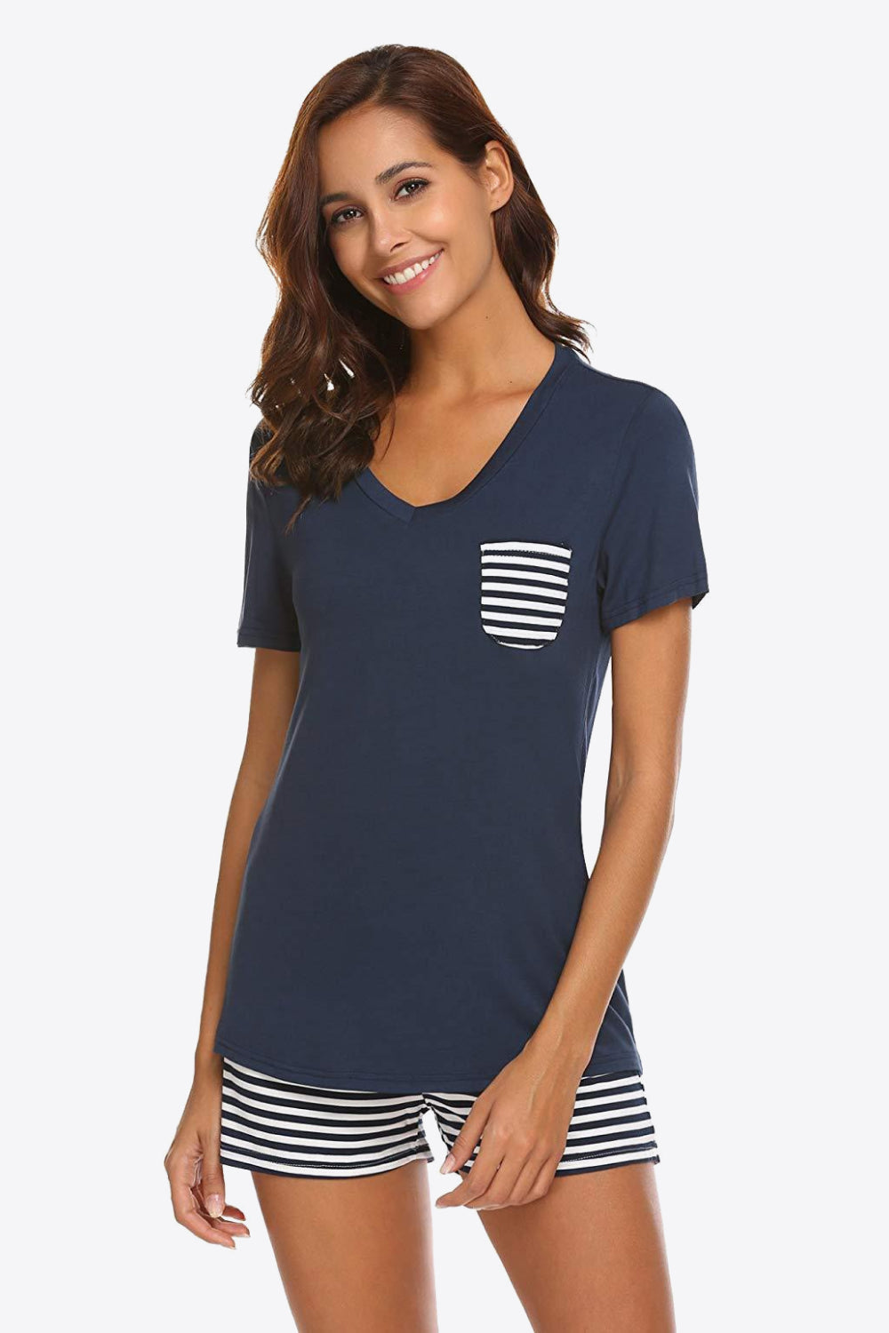 Striped V-Neck Top and Shorts Lounge Set