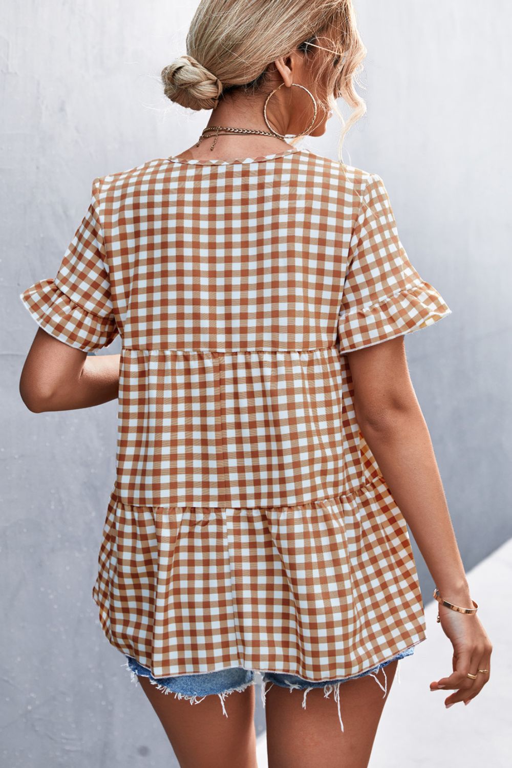 Gingham Flare Sleeve Babydoll Top