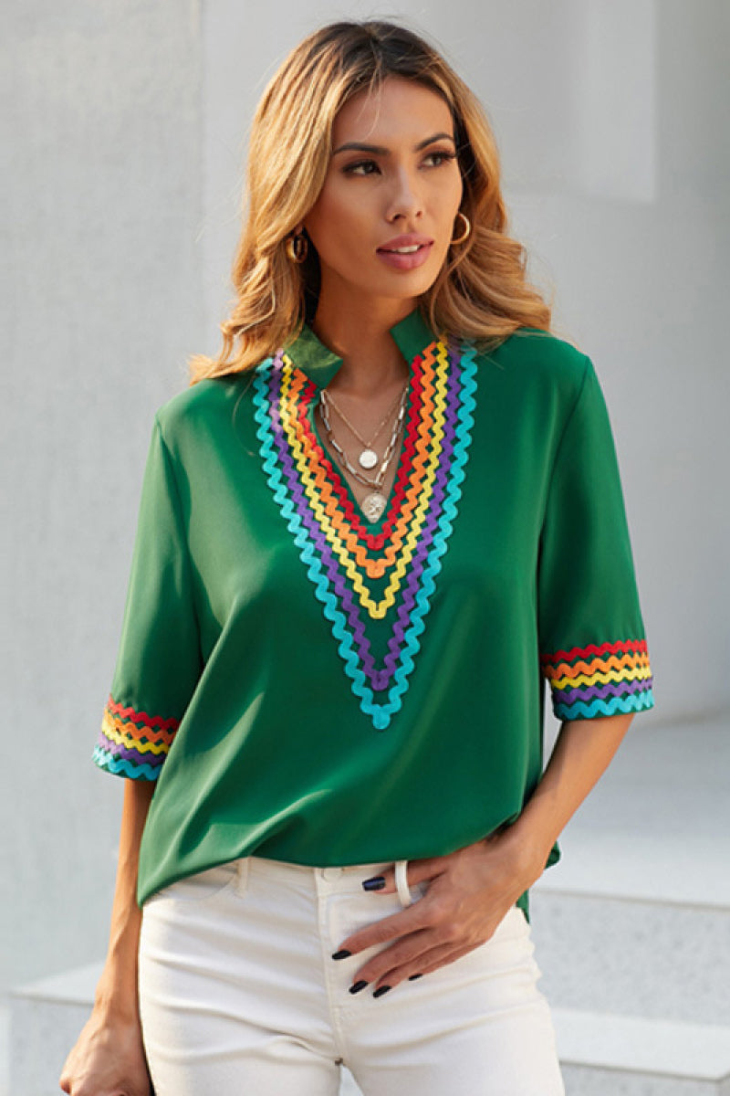 Embroidered Deep V Neck Chiffon Top