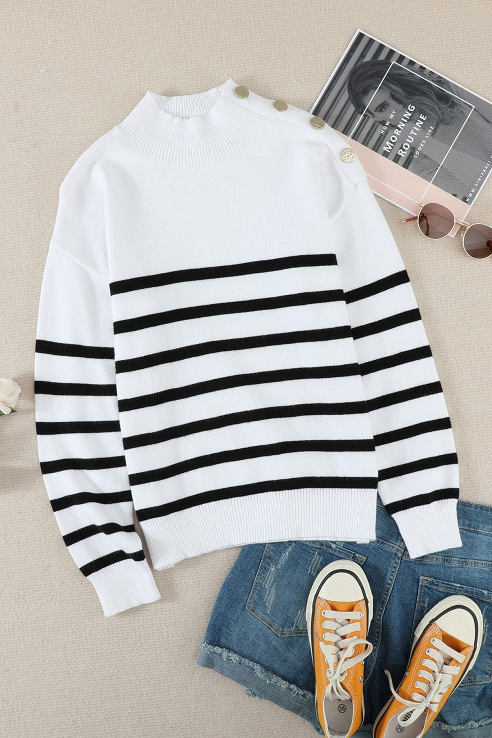 Striped Button Detail Mock Neck Sweater