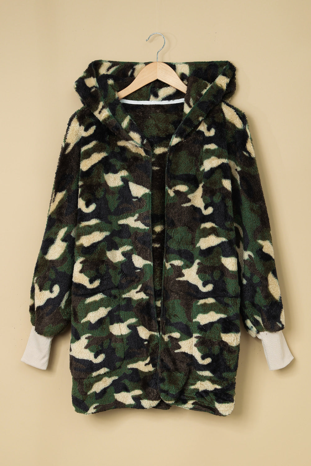 Fleece Hooded Open Front Jacket with Pockets