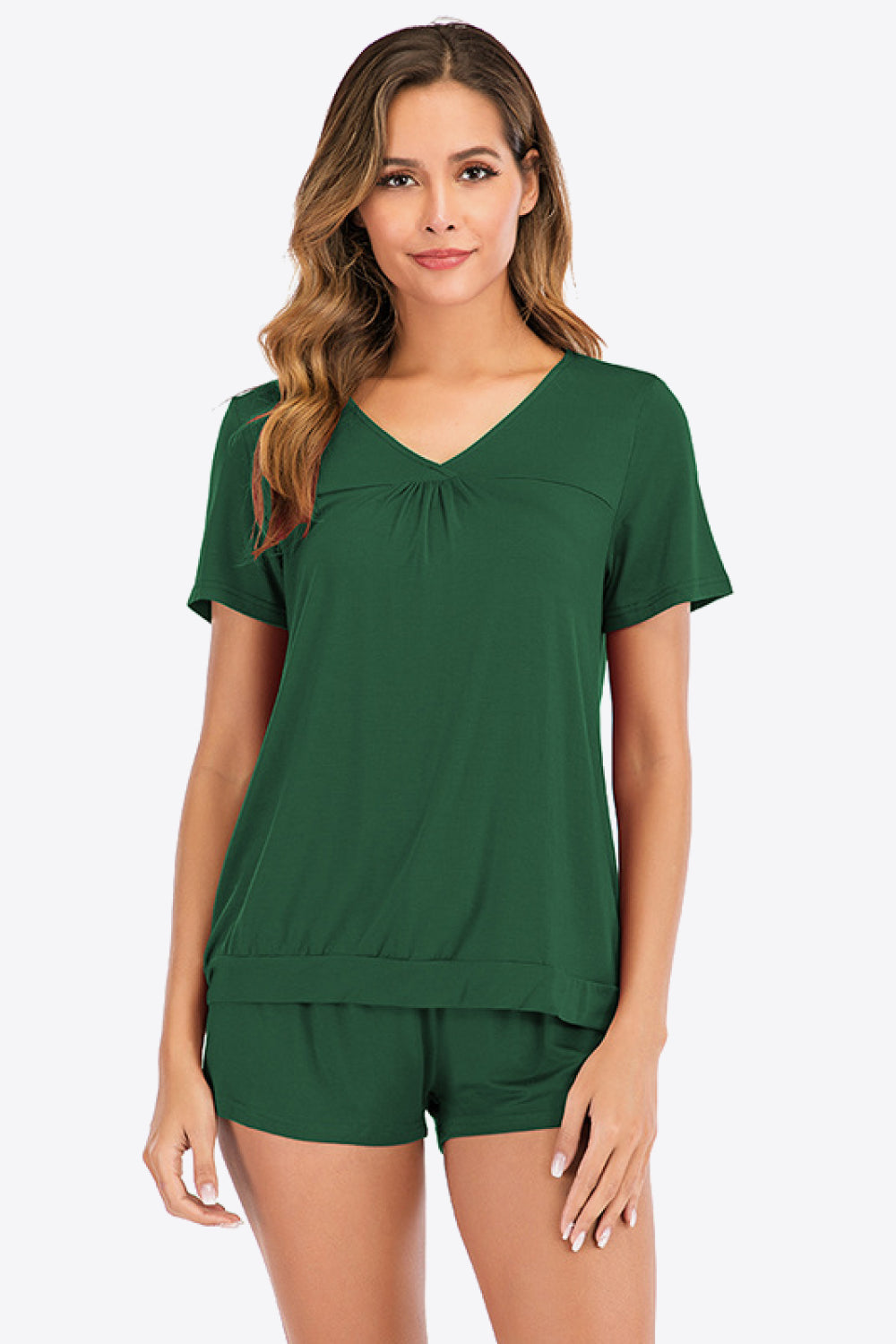Gathered Detail V-Neck Top and Shorts Lounge Set