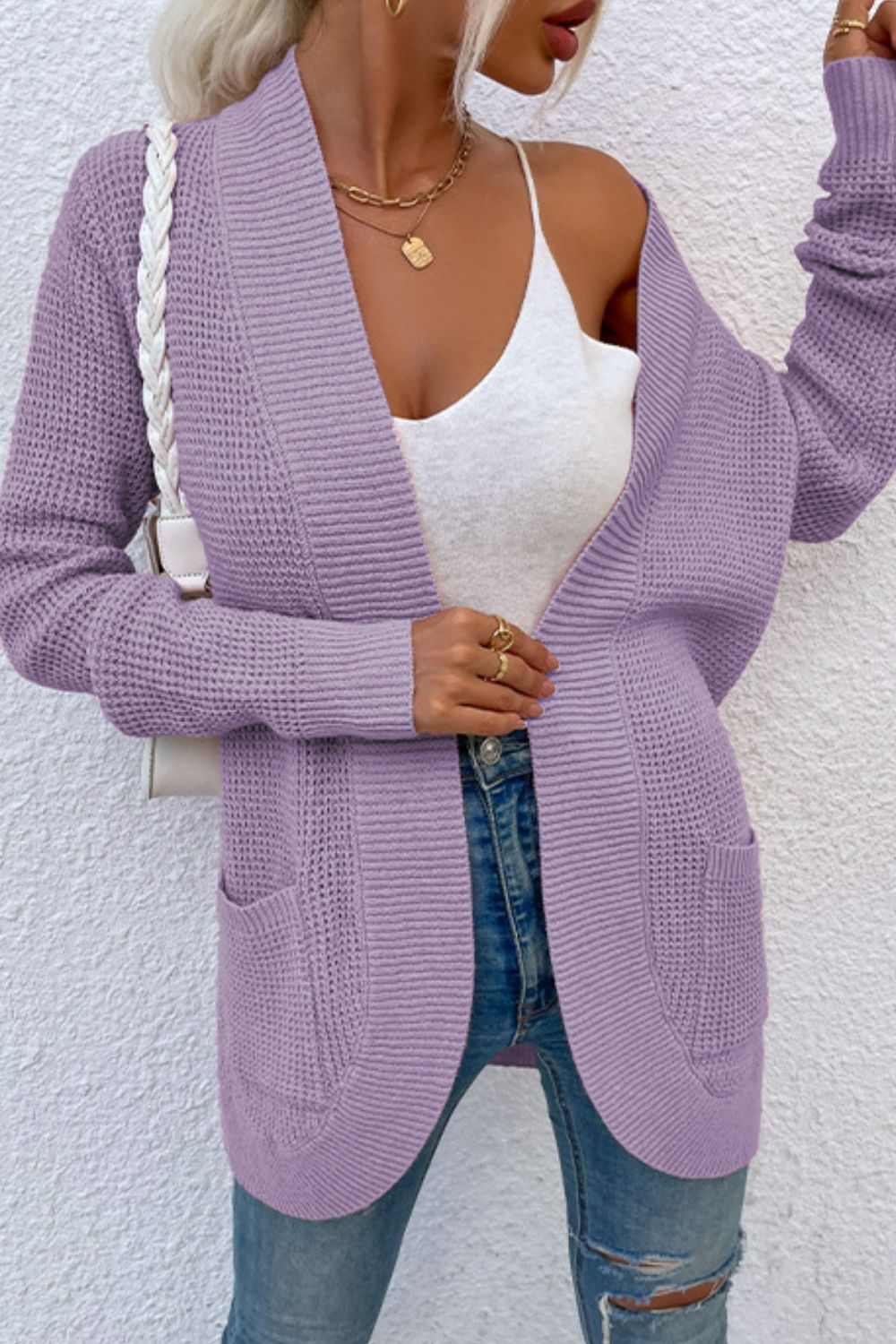 Ribbed Trim Longline Cardigan with Pockets