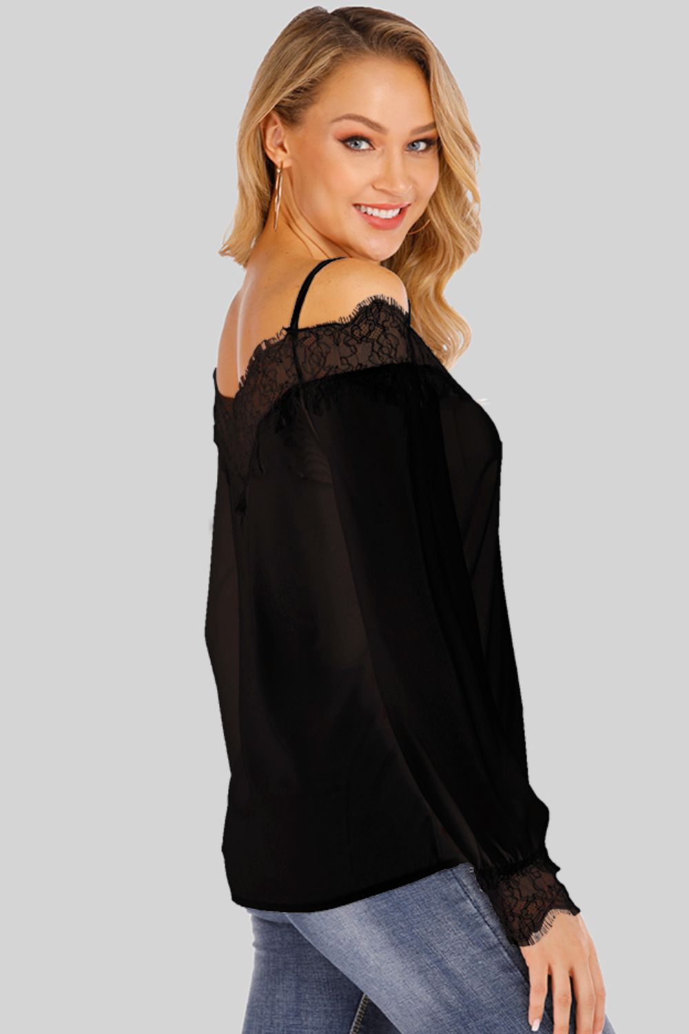 Spliced Lace Cold-Shoulder Blouse