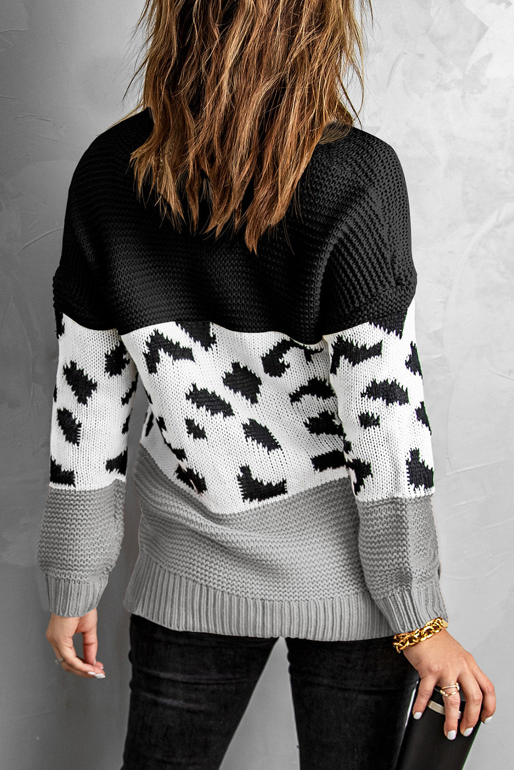 Patterned Color Block Turtleneck Sweater