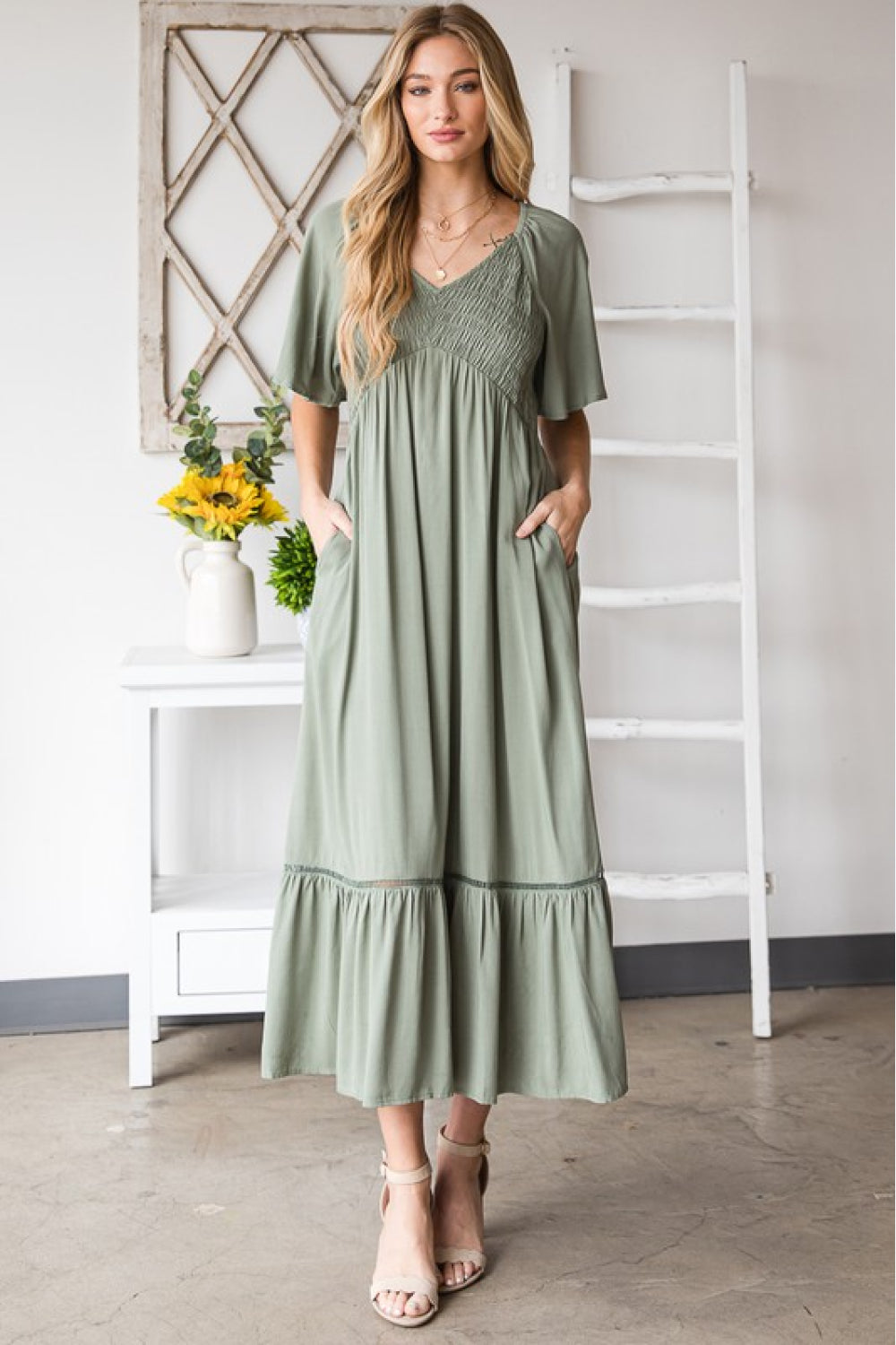 HEYSON Full Size Smocked Pocket Midi Dress in Sage