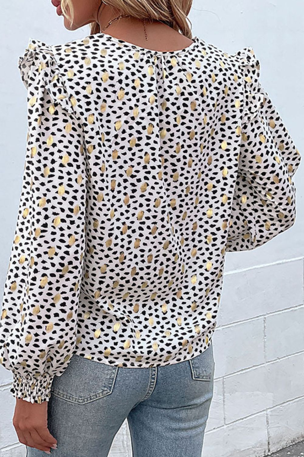 Printed Notched Neck Ruffled Lantern Sleeve Blouse