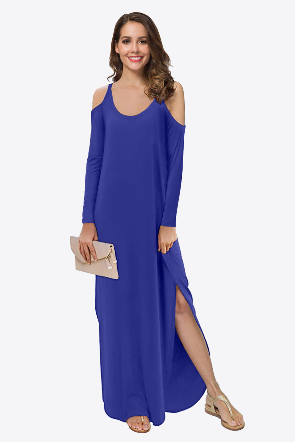 Cold-Shoulder Split Dress with Pockets