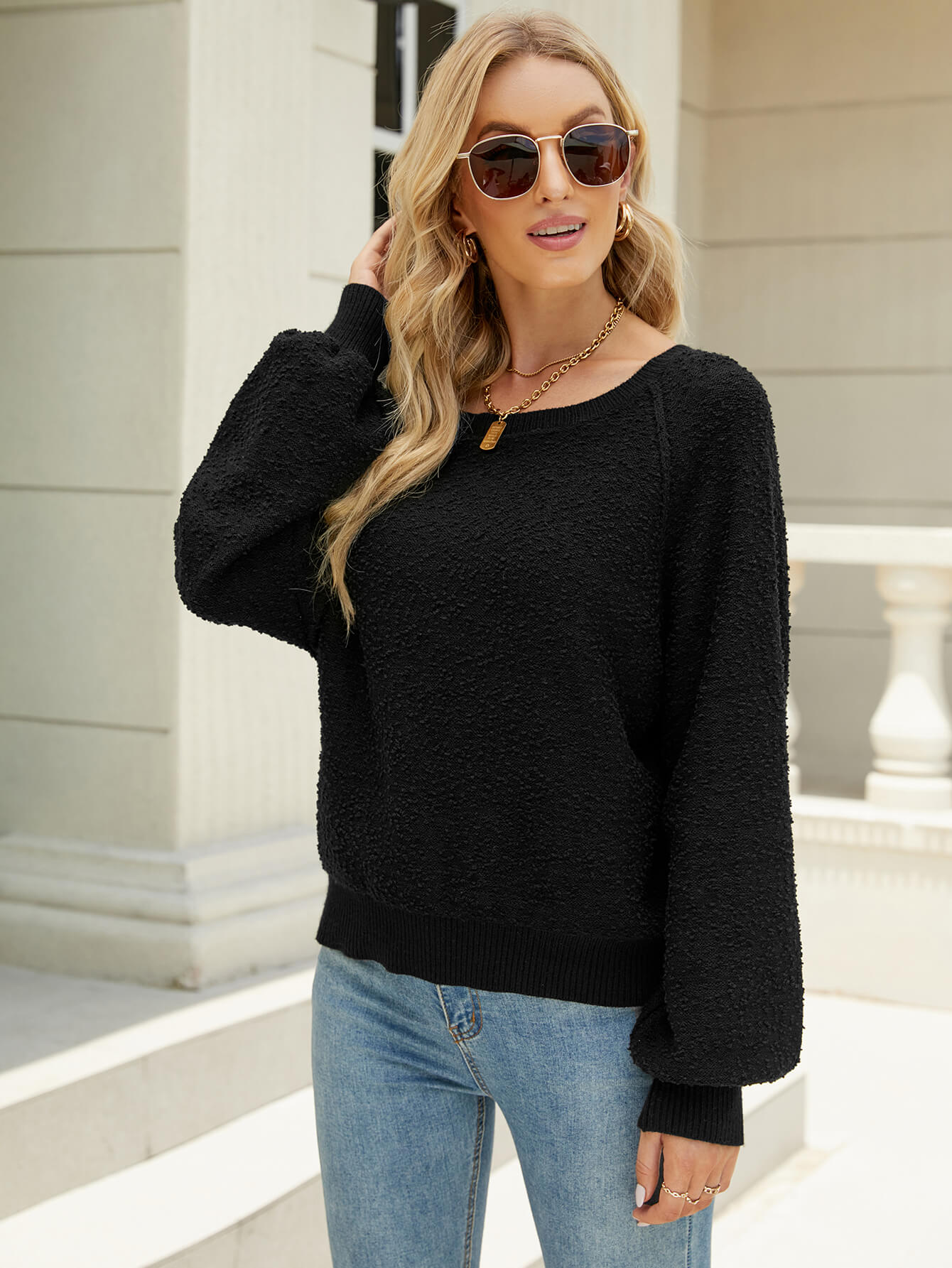 Raglan Sleeve Ribbed Trim Sweater