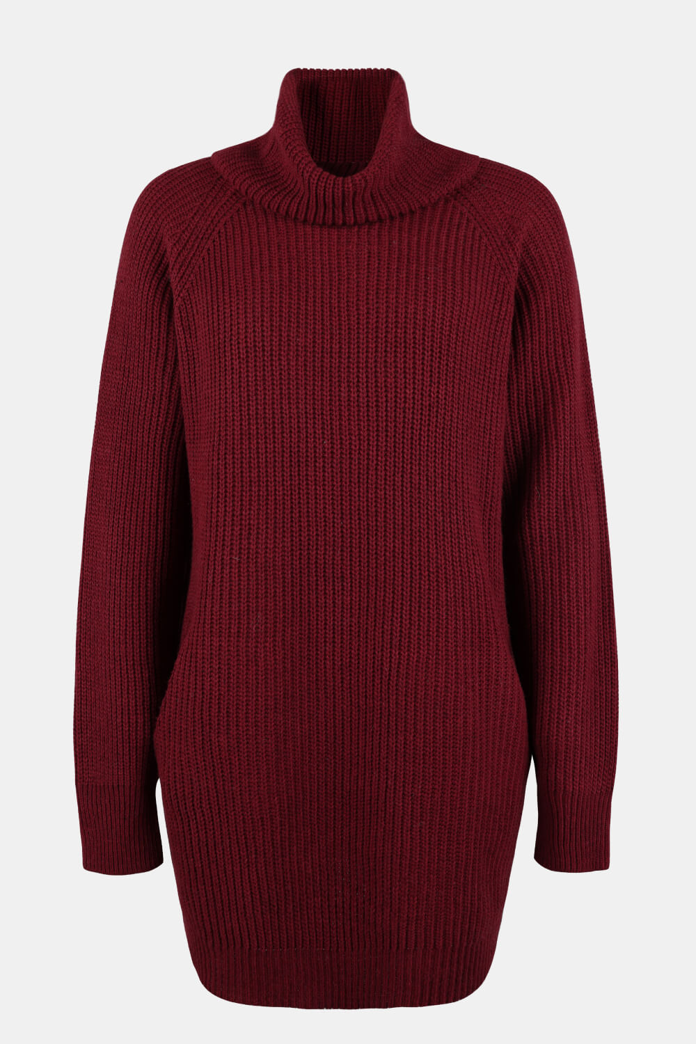Turtleneck Raglan Sleeve Rib-Knit Dress with Pockets
