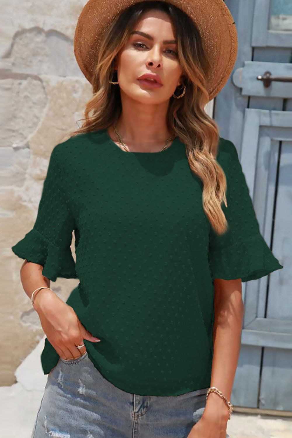 Swiss Dot Flounce Sleeve Round Neck Blouse