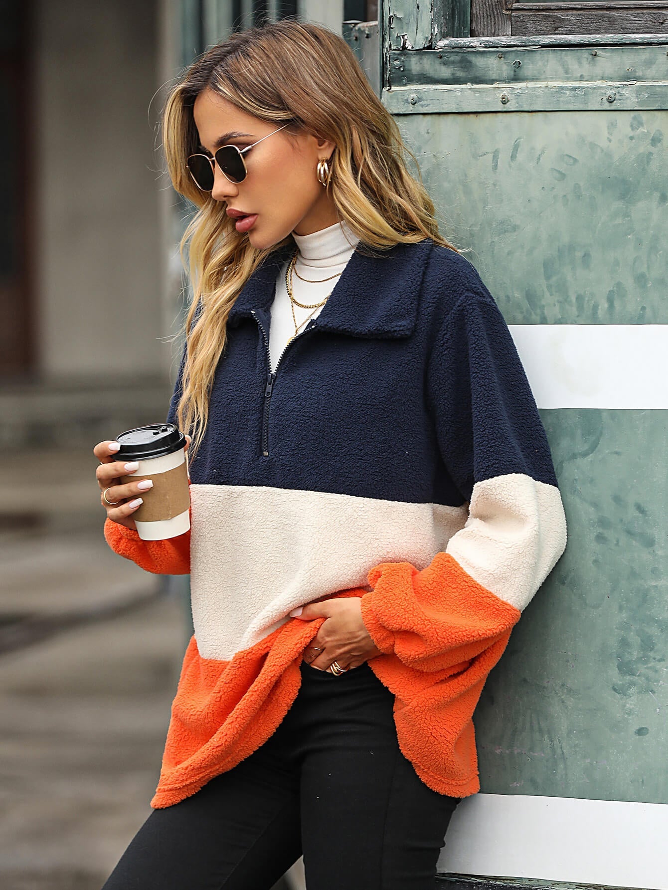 Color Block Quarter-Zip Teddy Pullover