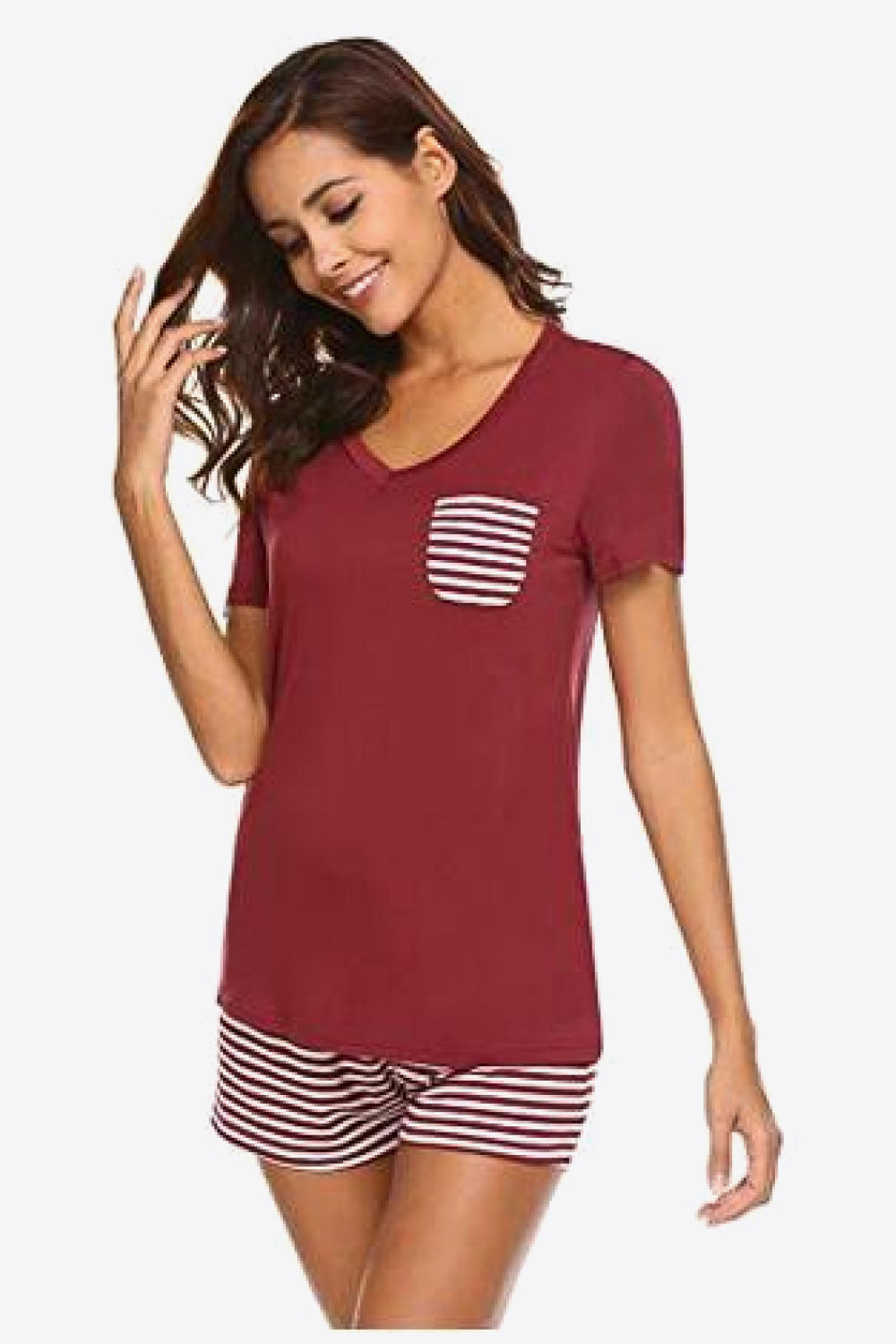 Striped V-Neck Top and Shorts Lounge Set