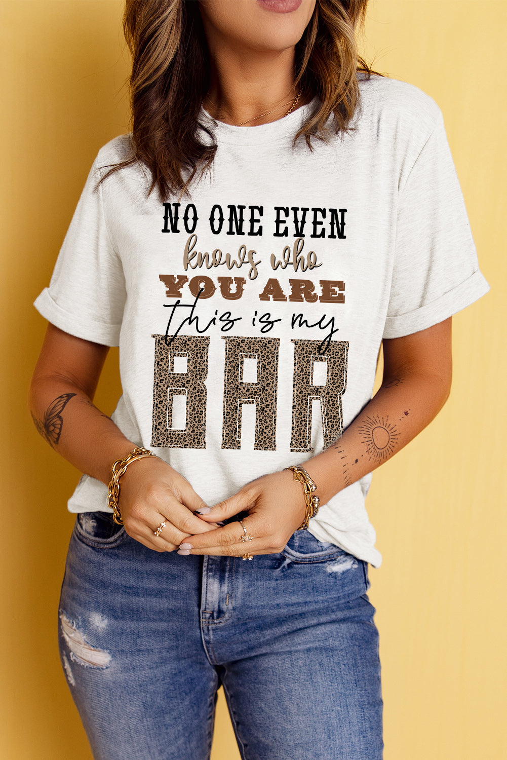 Letter Graphic Cuffed Sleeve Round Neck T-Shirt
