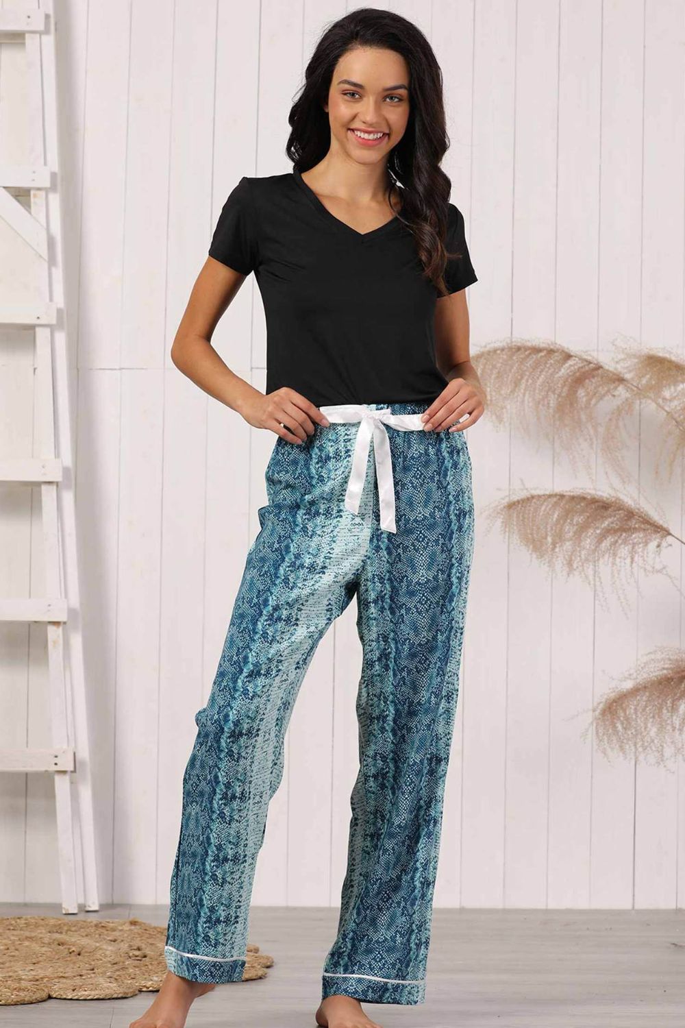 V-Neck Tee and Printed Pants Lounge Set