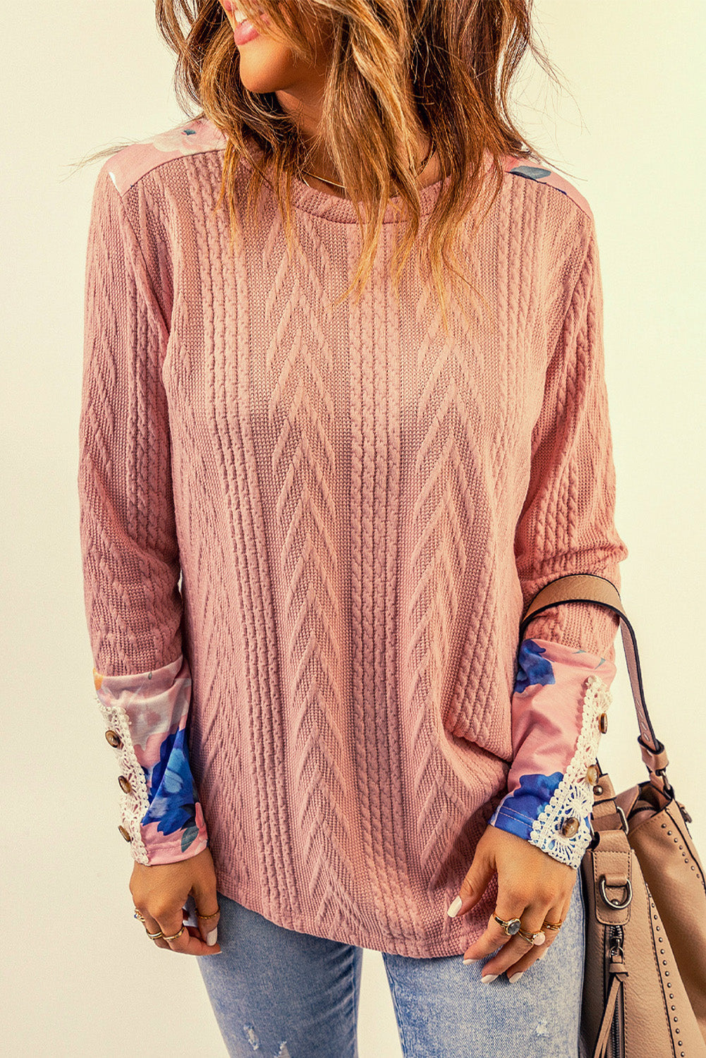 Floral Button Detail Lace Trim Spliced Knit Top