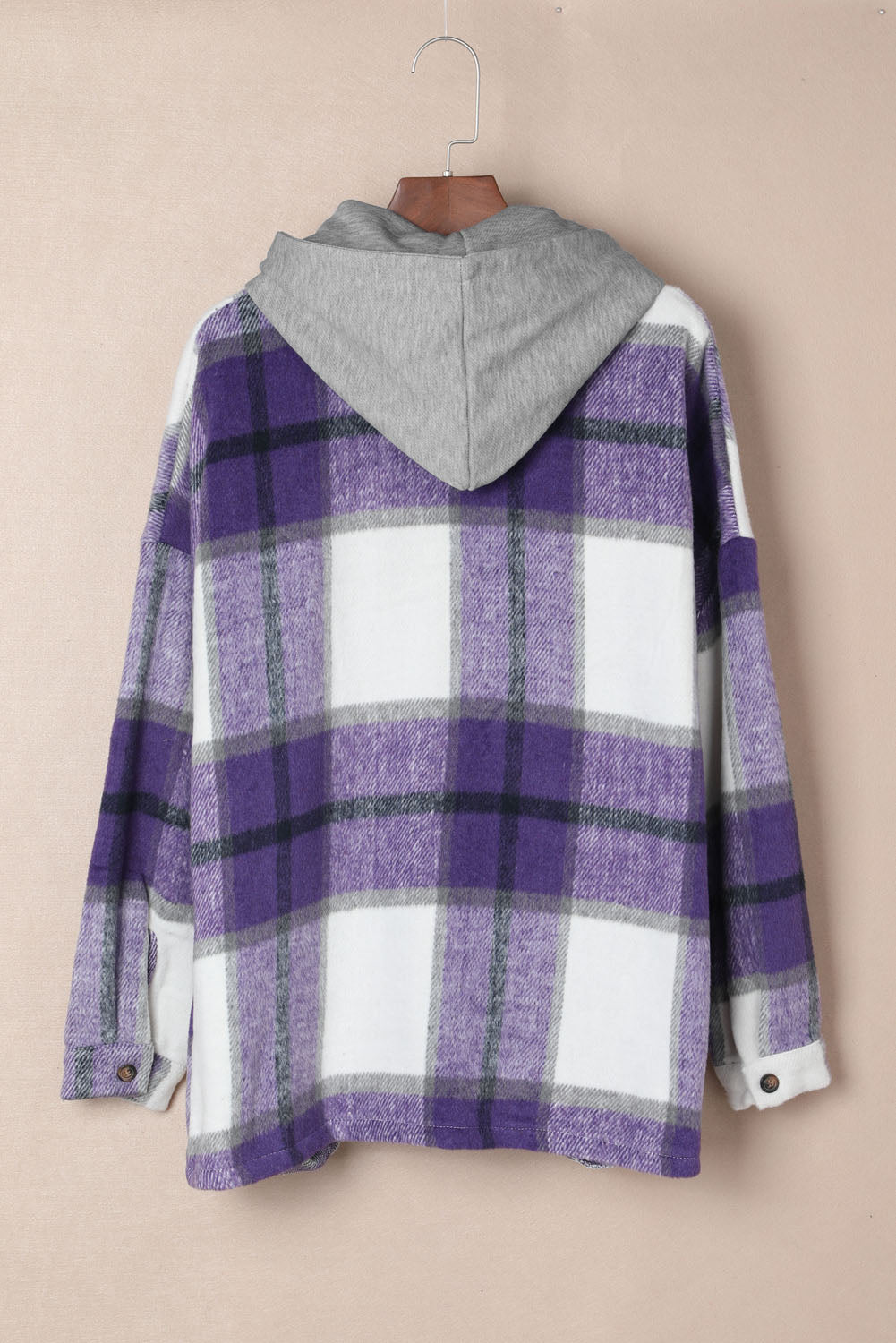 Plaid Button Front Brushed Hooded Jacket