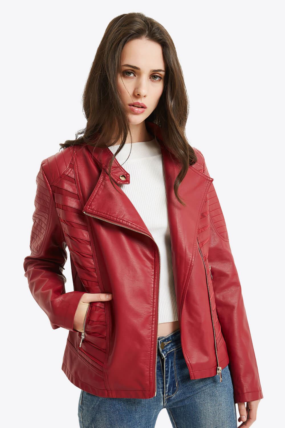 Asymmetrical Zip Up PU Leather Jacket with Pockets