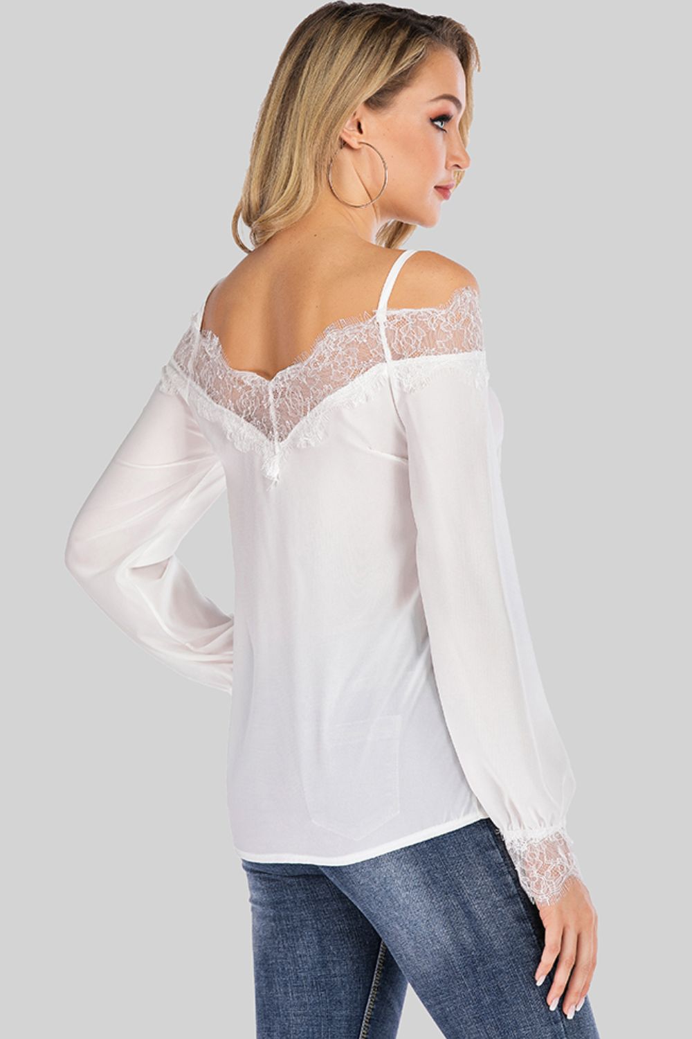Spliced Lace Cold-Shoulder Blouse