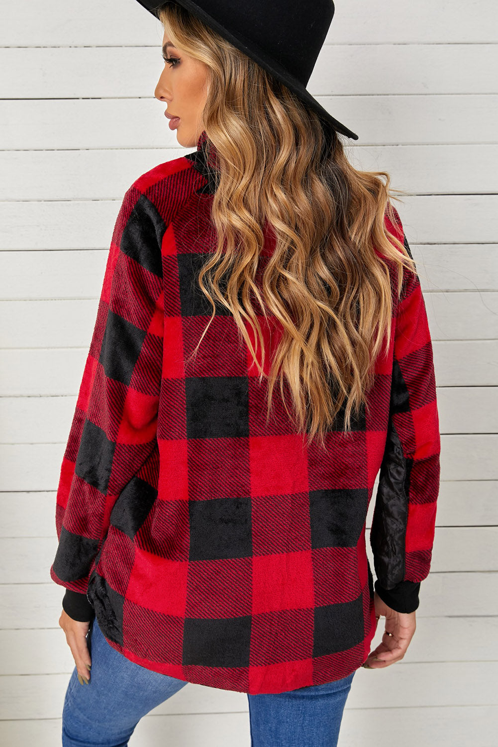 Plaid Raglan Sleeve Curved Hem Sweatshirt