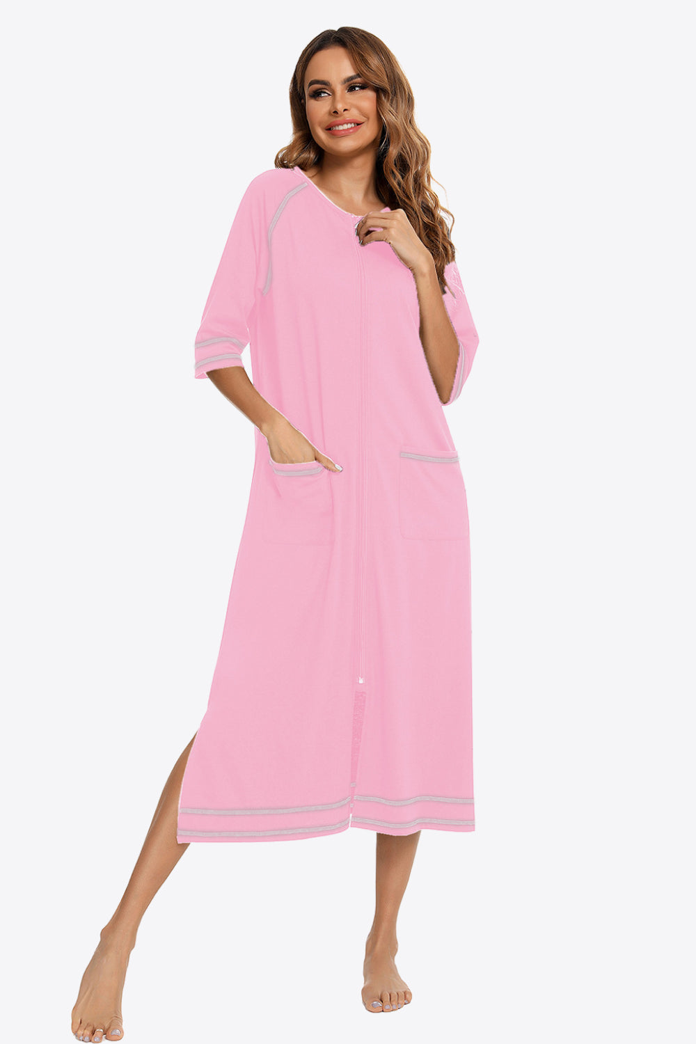 Zip Up Slit Night Dress with Pockets
