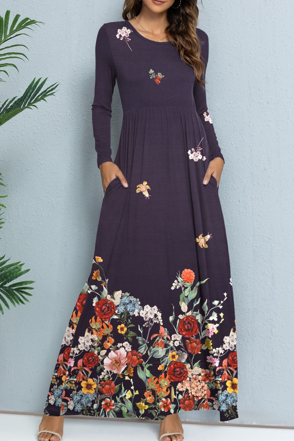 Floral Long Sleeve Round Neck Maxi Dress