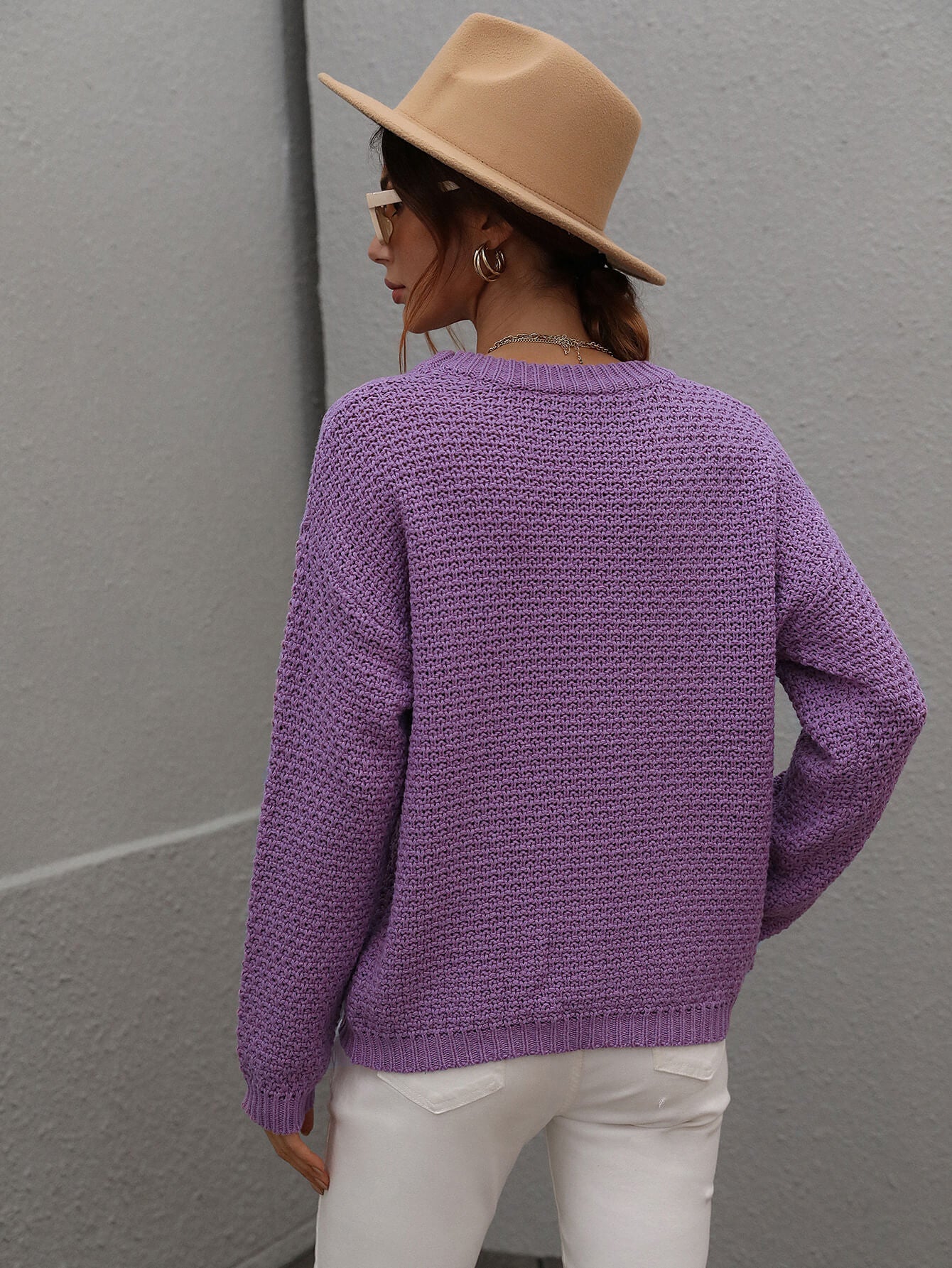 Drop Shoulder Round Neck Ribbed Cuff Sweater