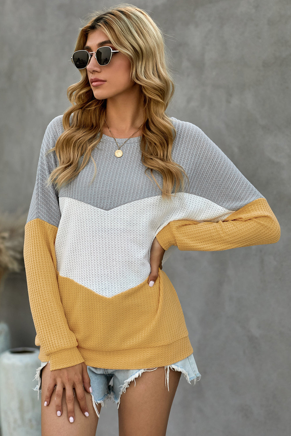 Color Block Chevron Waffle Pullover Sweatshirt