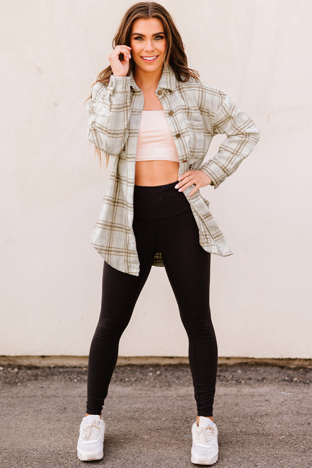 Plaid Curved Hem Dropped Shoulder Longline Shirt Jacket