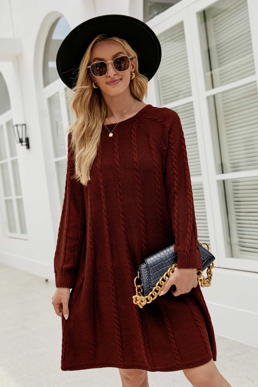 Cable-Knit Raglan Sleeve Round Neck Sweater Dress