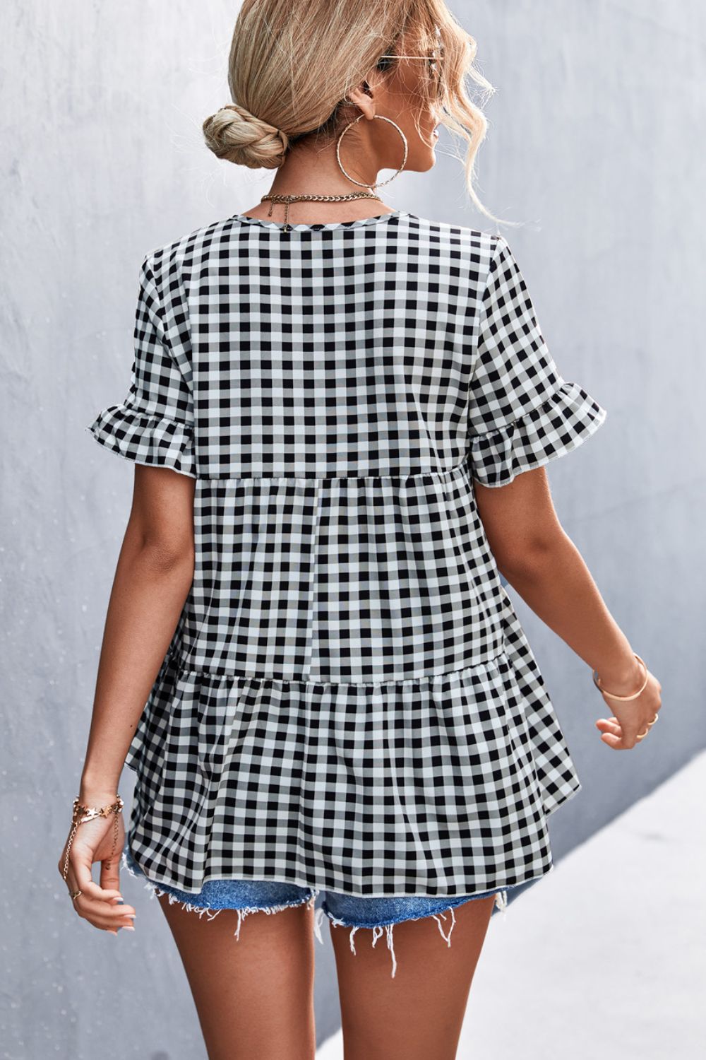 Gingham Flare Sleeve Babydoll Top
