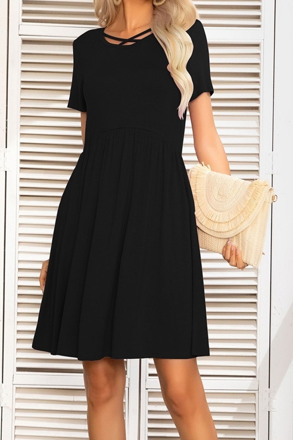 Crisscross Round Neck Short Sleeves Mini Dress