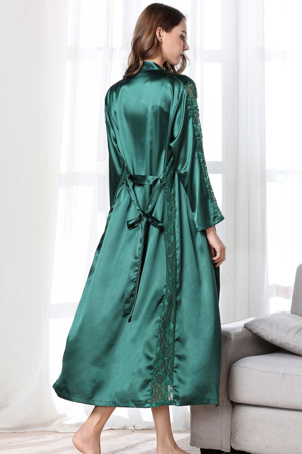 Spliced Lace Tie Waist Satin Robe