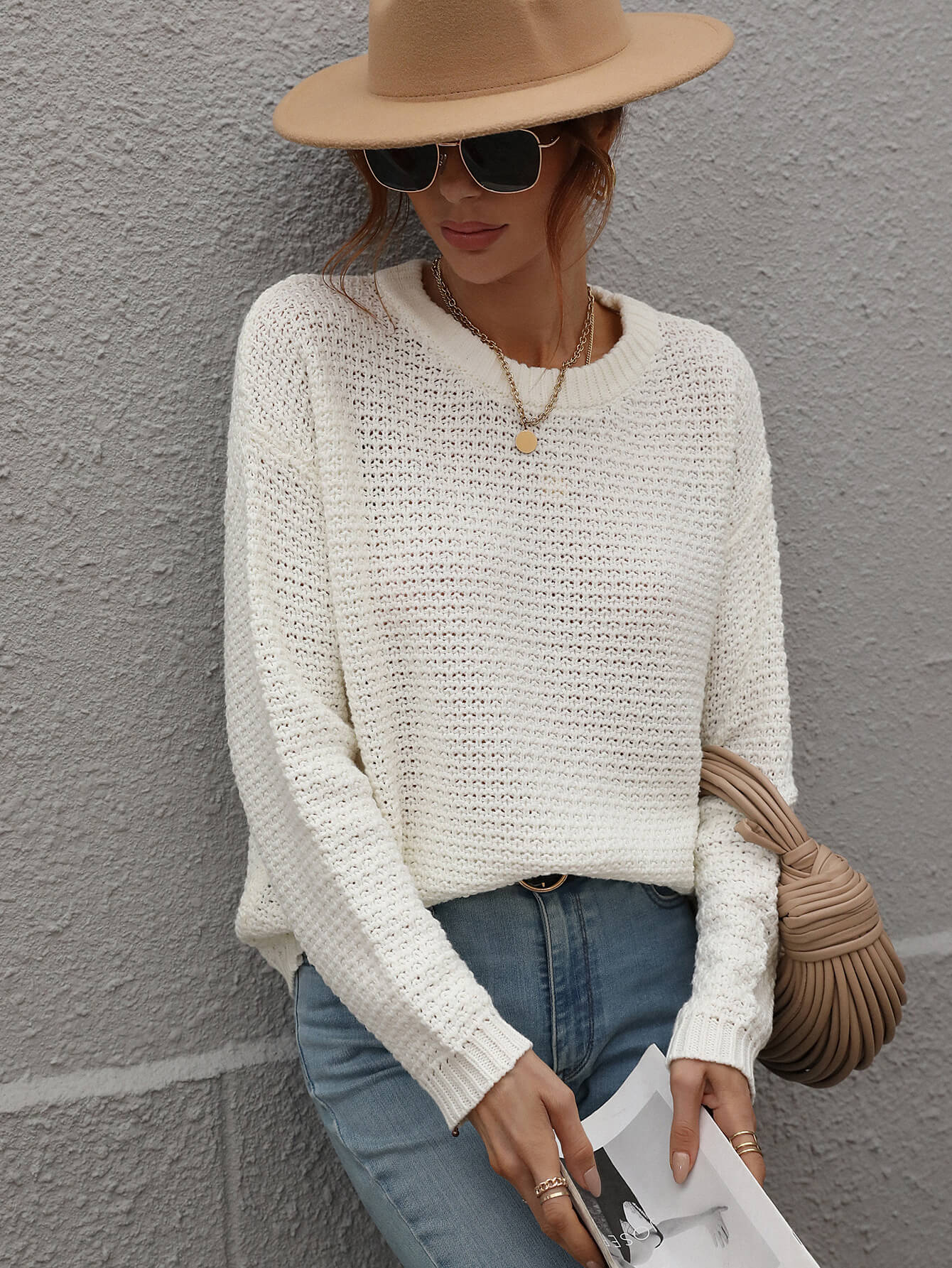 Drop Shoulder Round Neck Ribbed Cuff Sweater