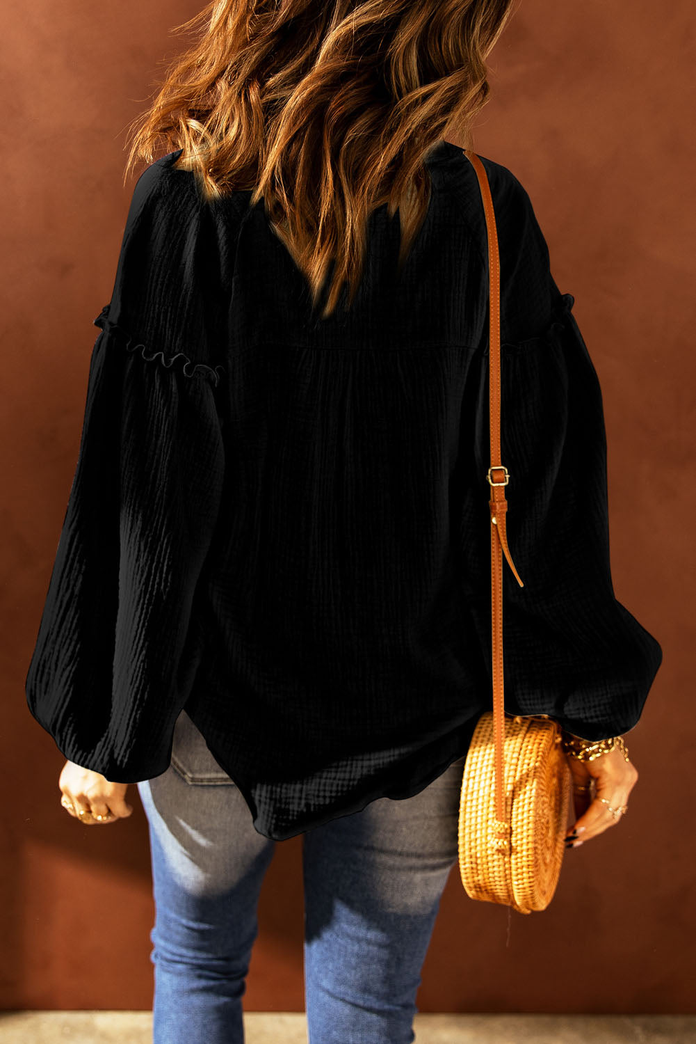 Balloon Sleeve Frill Trim Notched Neck Blouse