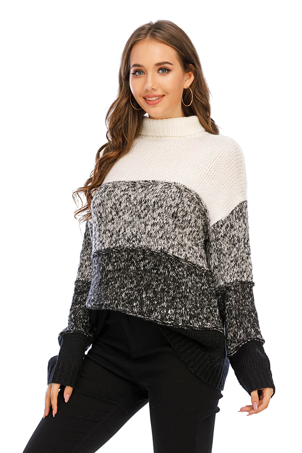 Color Block Turtleneck Knit Pullover