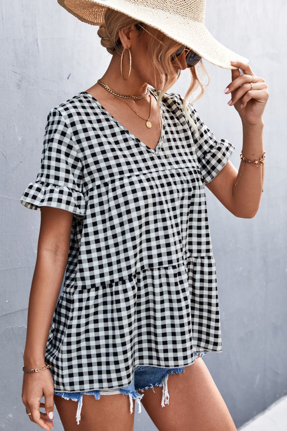 Gingham Flare Sleeve Babydoll Top