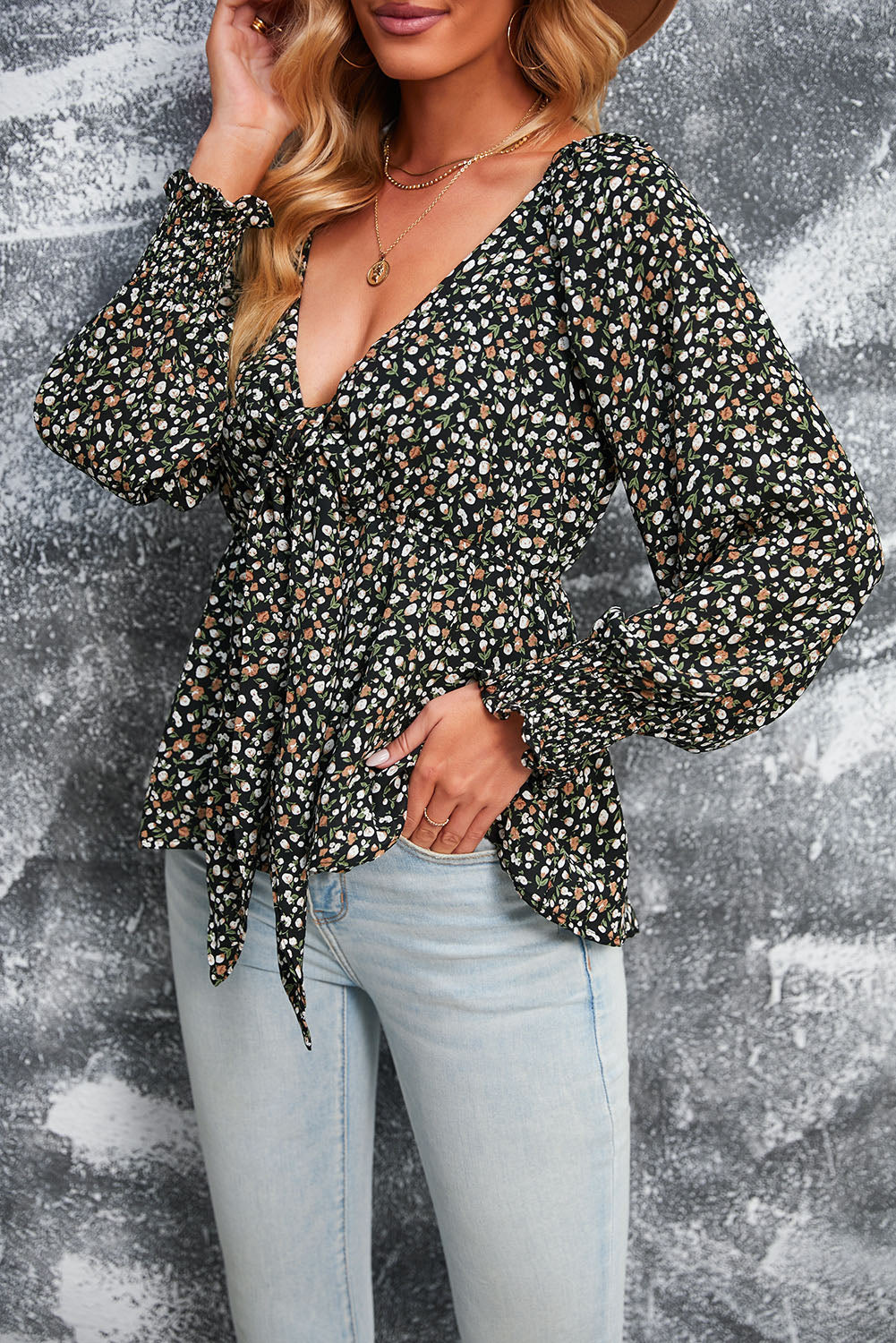Floral Deep V Tied Peplum Top