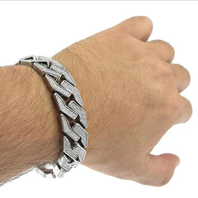 Charm Sand Blast Bracelet Cuban Chain - Men Bling 8.5'' Bracelets Fashion Jewelry (MJ3)(F83)