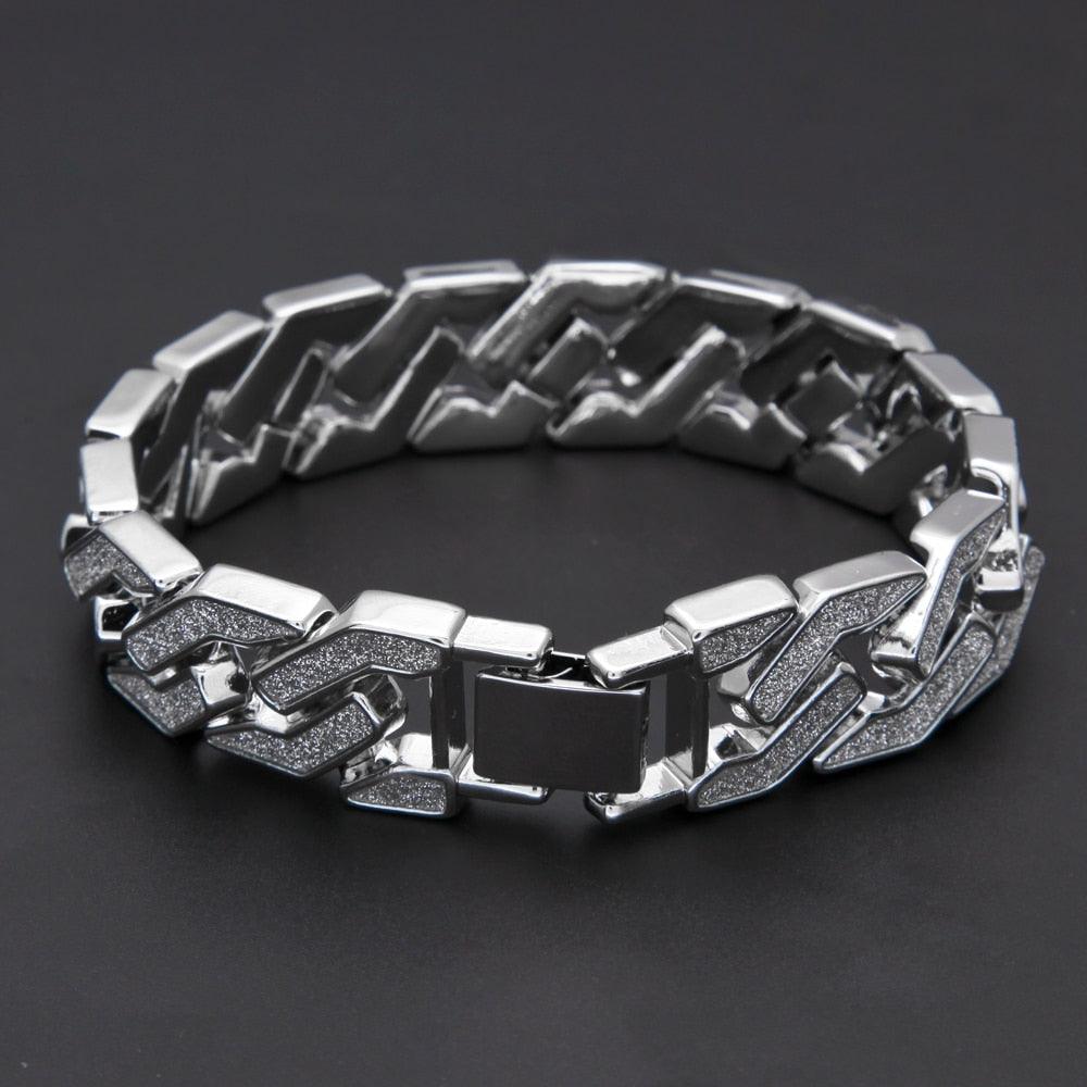 Charm Sand Blast Bracelet Cuban Chain - Men Bling 8.5'' Bracelets Fashion Jewelry (MJ3)(F83)