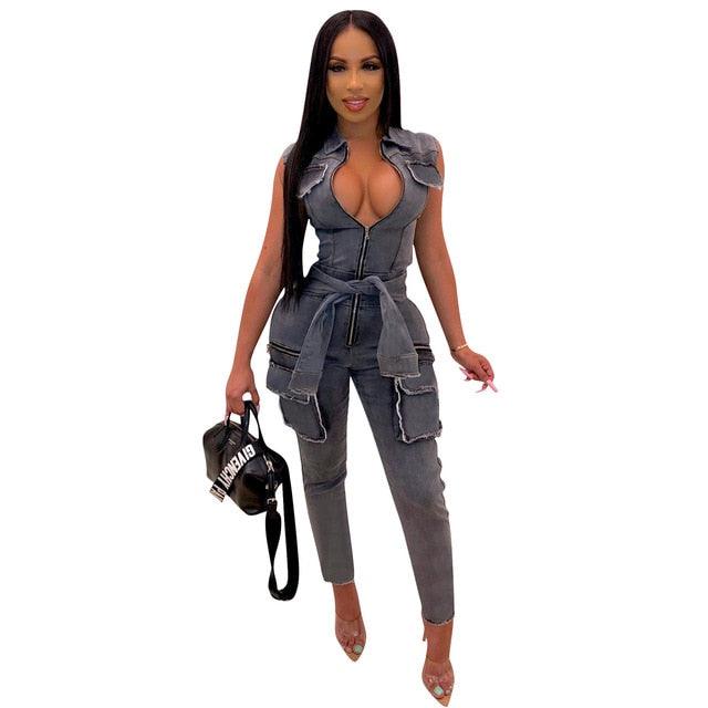 Fashion Sexy Zipper Burr Jeans Jumpsuit Women Cute Overalls Buttons Pocket Sleeveless Casual Tbl1