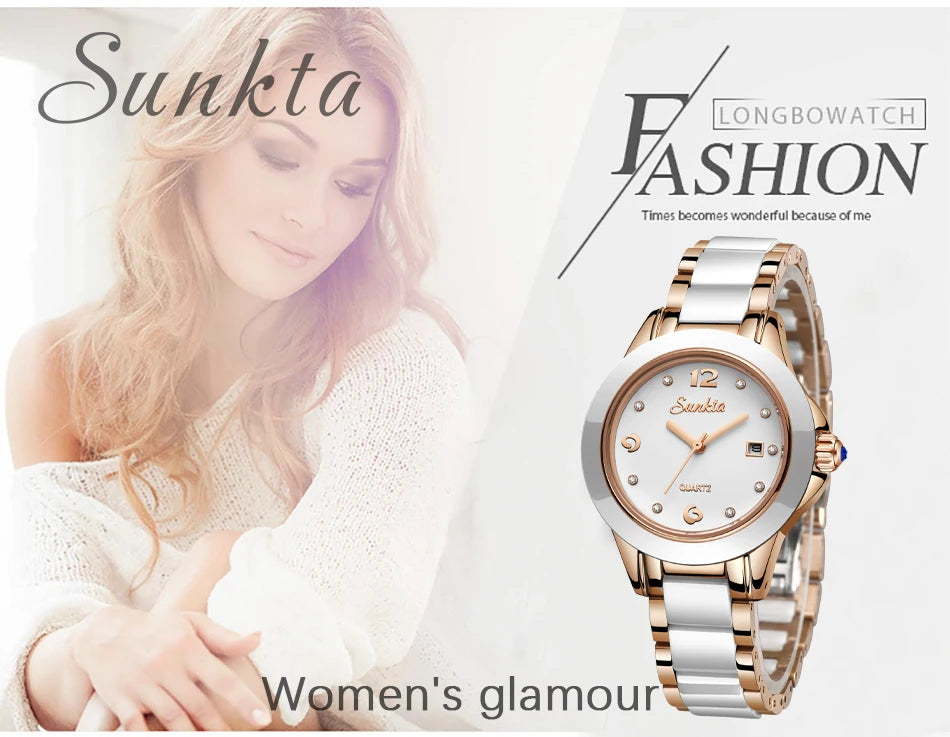 Fashion Women's Ceramic Wrist Watch, Dress Watches, Stainless Steel, Waterproof