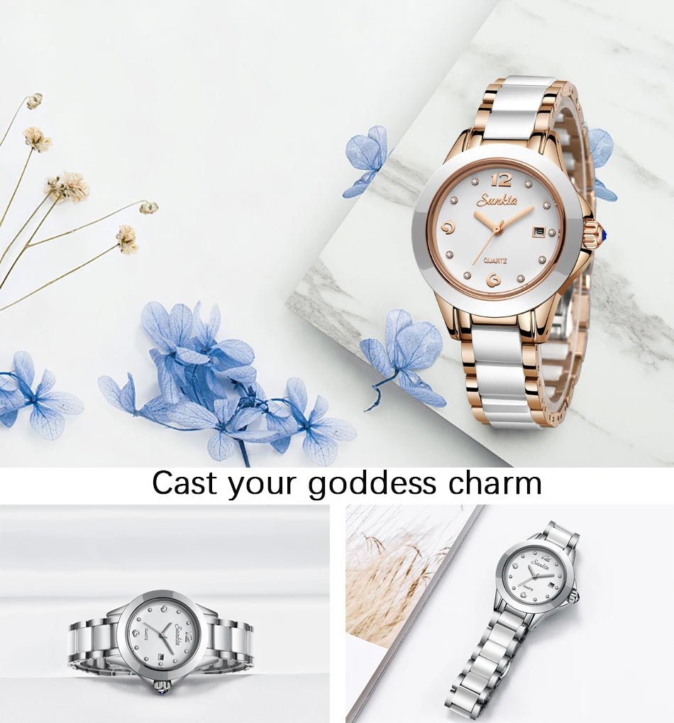 Fashion Women's Ceramic Wrist Watch, Dress Watches, Stainless Steel, Waterproof