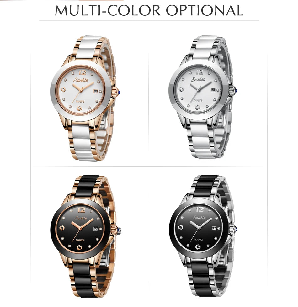 Fashion Women's Ceramic Wrist Watch, Dress Watches, Stainless Steel, Waterproof